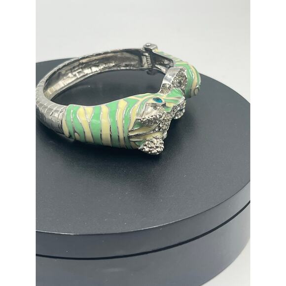 Mint and Cream Zebra with Stripes Hinged Rhinestone Blue Eyes Bangle Bracelet - Picture 9 of 12